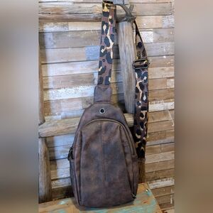 Opage Brown PU Leather Sling Bag W Animal Print Strap